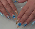 Baby Blue Press On Nails with 3D Flowers, Gold Chrome & Rhinestones – Long Almond Elegant Handmade Nail Set, Chic Reusable Nails