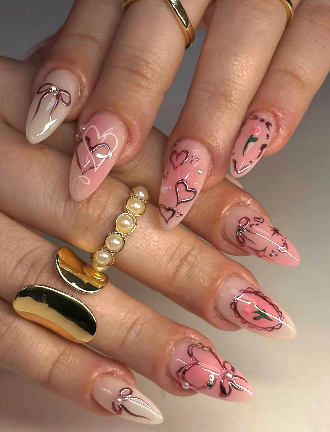 Rose Gold Chrome Heart Press On Nails: Elegant Ribbon Almond Nails