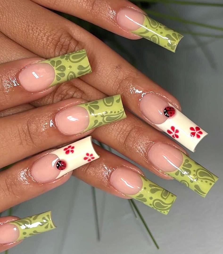 Spring Press On Nails – Green French Tip Nails with Ladybug – Cute Floral Nails – Pastel Garden Nails – Long Square Handmade Nails