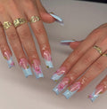 3D Floral Press On Nails: Baby Blue French Tip, Soft Pink Base, Long Square Handmade Nail Set