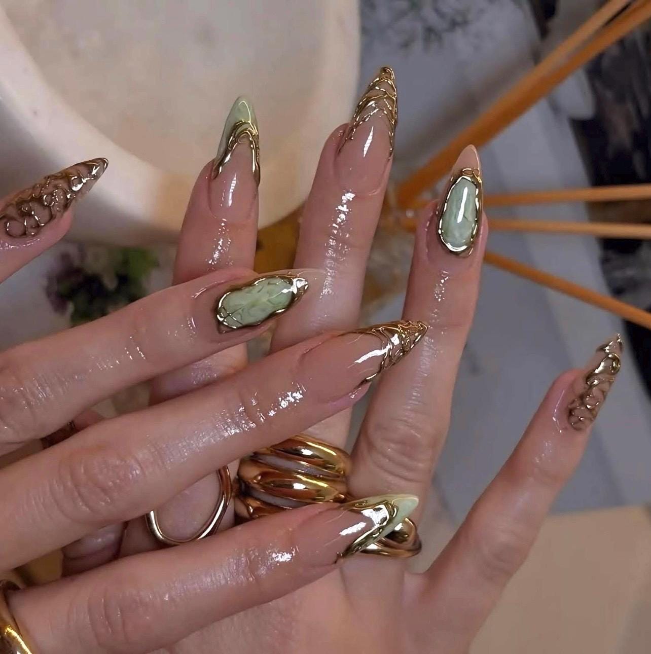 Gold Chrome Marble Press On Nails: Olive Green Stone Effect, Long Stiletto
