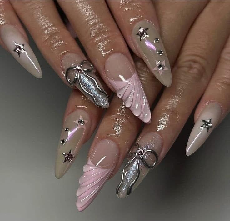 Silver Chrome Press On Nails: 3D Gel Ribbon Design, Long Almond, Reusable