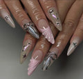Silver Chrome Press On Nails: 3D Gel Ribbon Design, Long Almond, Reusable
