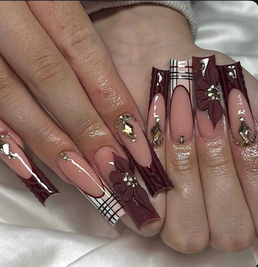 Burgundy Christmas Press On Nails | 3D Flower Winter Nails | Gold Gem Holiday Nails | Luxury Long Coffin Fake Nails | Plaid Festive Nail Set