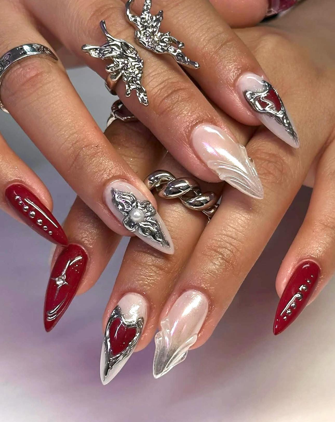 Gothic Y2K Press On Nails: Red Pearl, Silver 3D Heart Armor, Edgy Gel