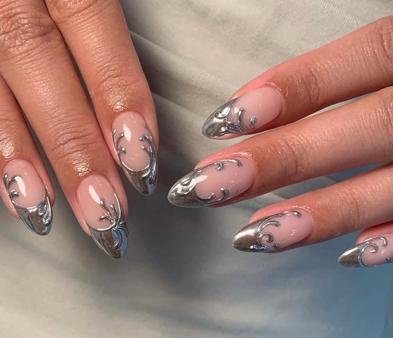 Almond Chrome Press On Nails: Y2K Ethnic Pattern, Silver Shine