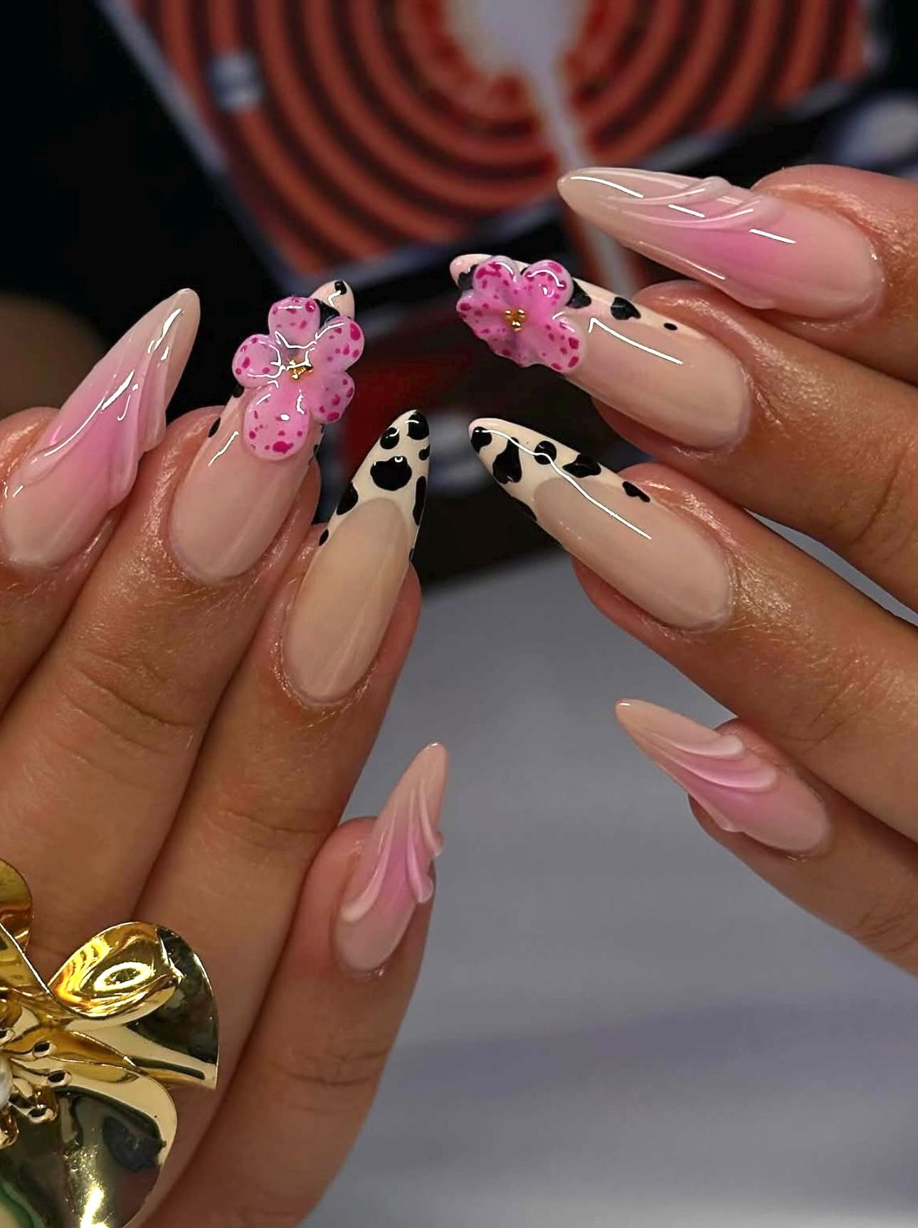 Leopard Print Press On Nails: 3D Floral Gel Art, Long Almond Purple Nails
