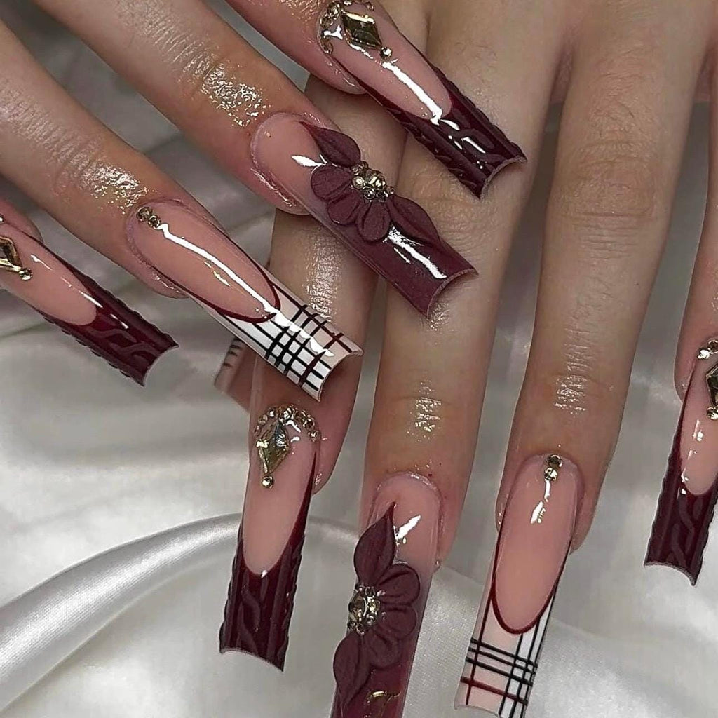 Burgundy Christmas Press On Nails | 3D Flower Winter Nails | Gold Gem Holiday Nails | Luxury Long Coffin Fake Nails | Plaid Festive Nail Set