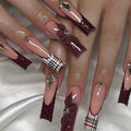 Burgundy Christmas Press On Nails | 3D Flower Winter Nails | Gold Gem Holiday Nails | Luxury Long Coffin Fake Nails | Plaid Festive Nail Set