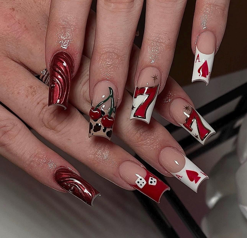 Red & Gold Accent French Press On Nails: Shimmer Chrome Tips