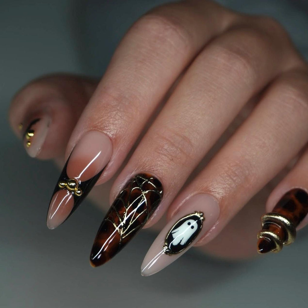 Brown Ombre Halloween Nails with Ghost & Gold Chrome | Long Almond Fall Press On Nails | Handmade Acrylic False Nails