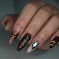 Brown Ombre Halloween Nails with Ghost & Gold Chrome | Long Almond Fall Press On Nails | Handmade Acrylic False Nails