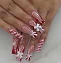 Red & White Christmas Nails | Candy Cane Press On Nails | 3D Gift Bow Holiday Nails | Snowflake Nail Set | Long Square Xmas Nails