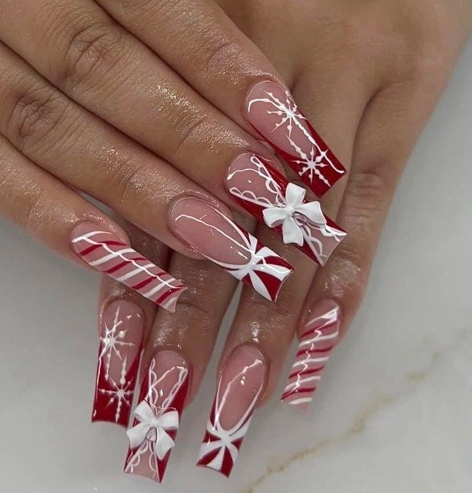 Red & White Christmas Nails | Candy Cane Press On Nails | 3D Gift Bow Holiday Nails | Snowflake Nail Set | Long Square Xmas Nails