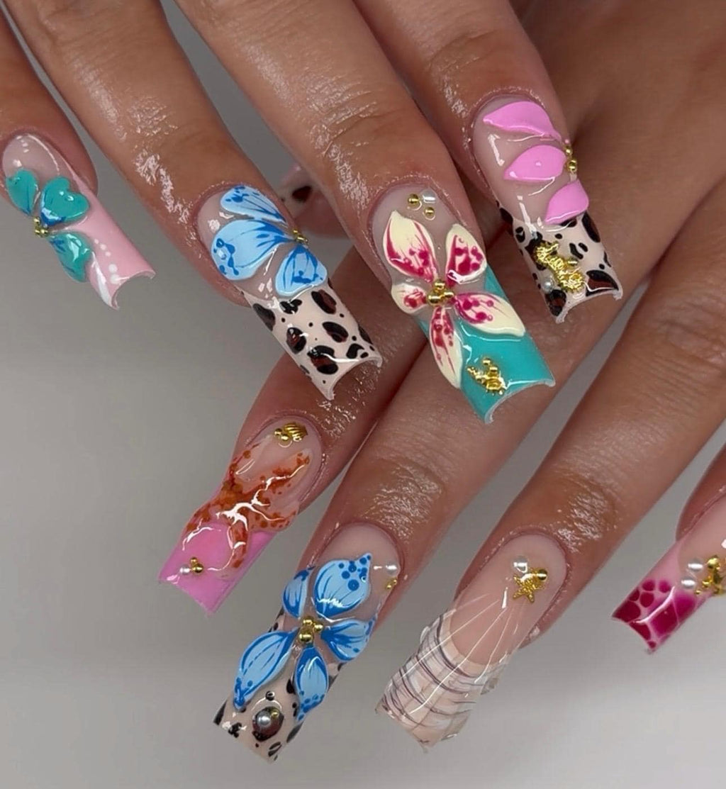 Y2K Leopard Print Press On Nails: 3D Flower Design, Long Square Shape