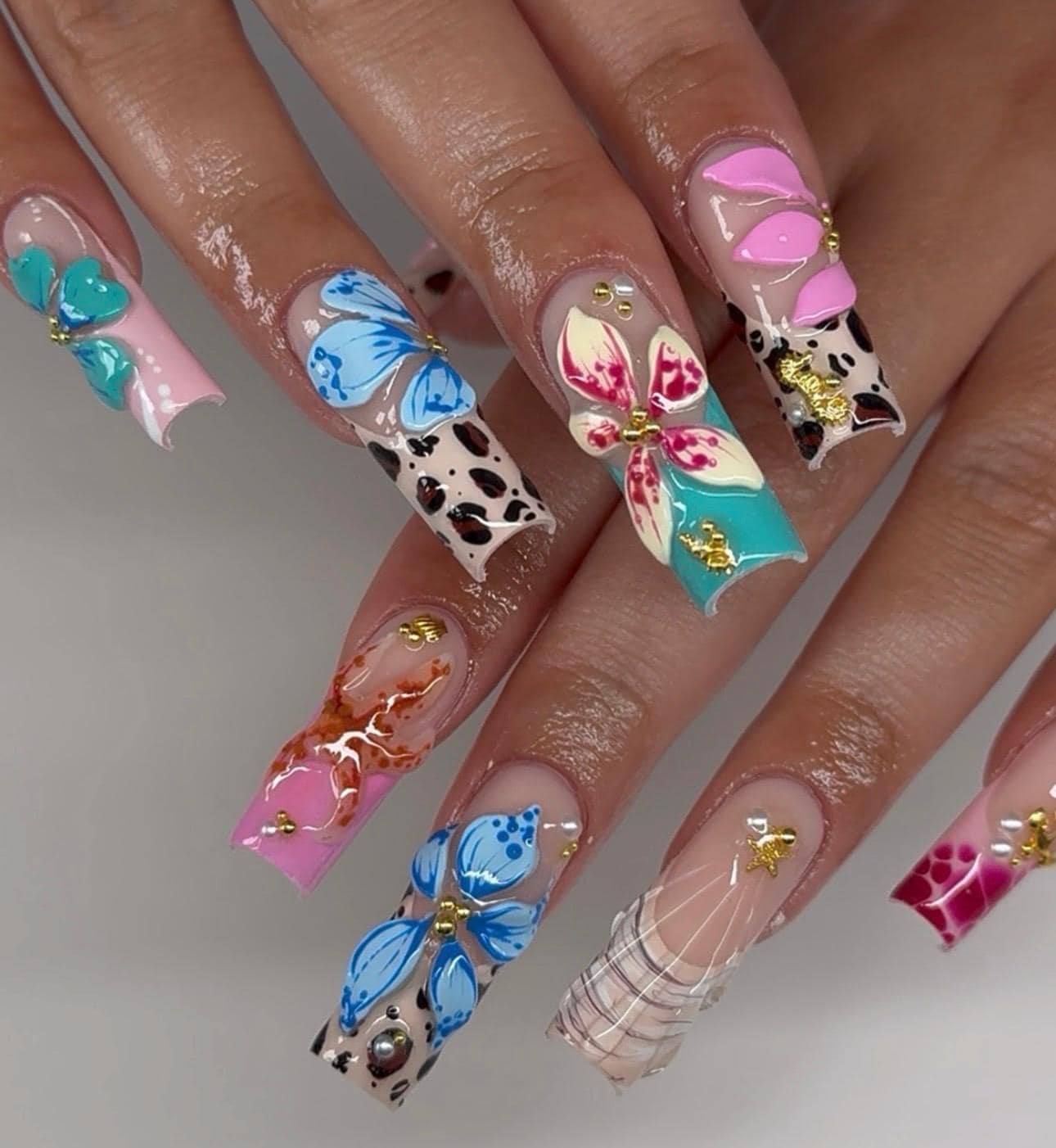Y2K Leopard Print Press On Nails: 3D Flower Design, Long Square Shape