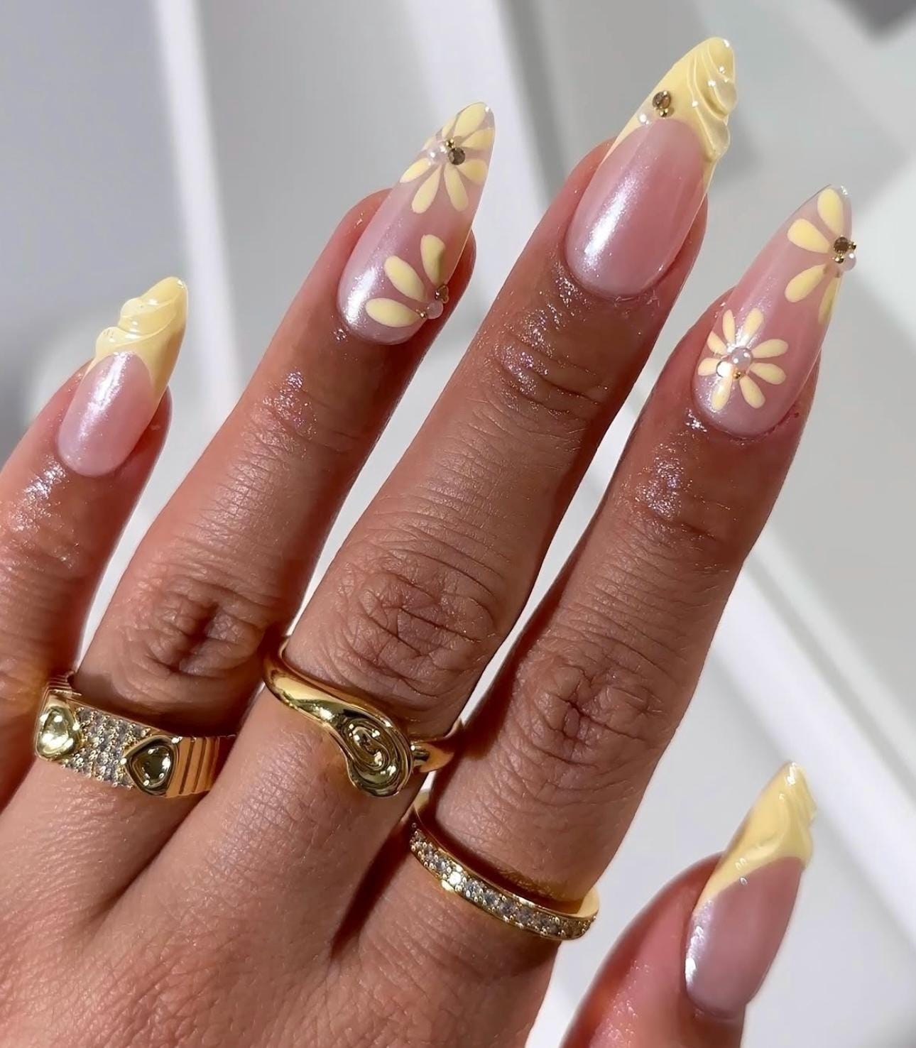 Butter Yellow Floral Press On Nails: 3D Gel Almond Medium Length