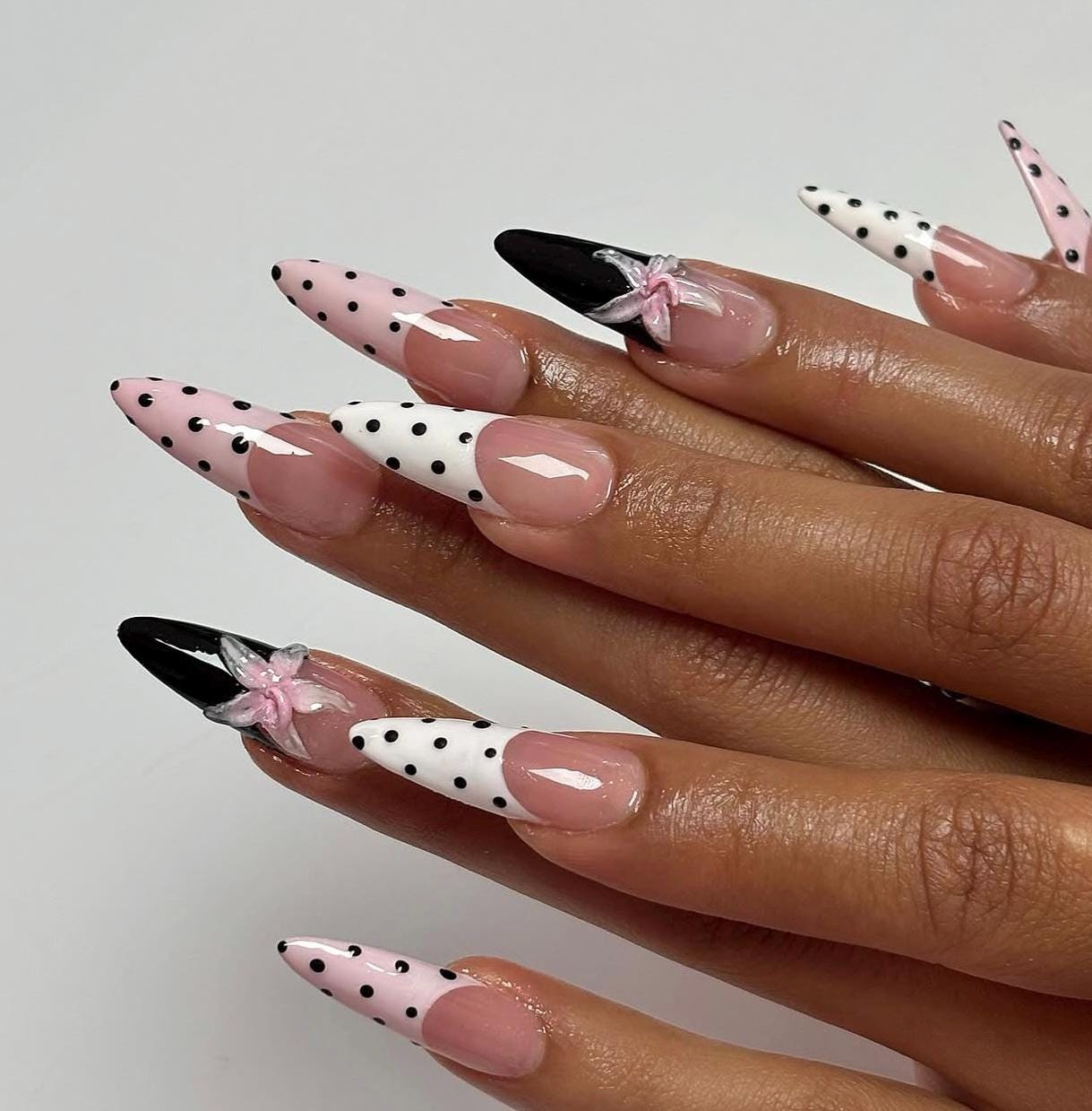 3D Flower Press On Nails: White & Black Polka Dot Almond Nail Set