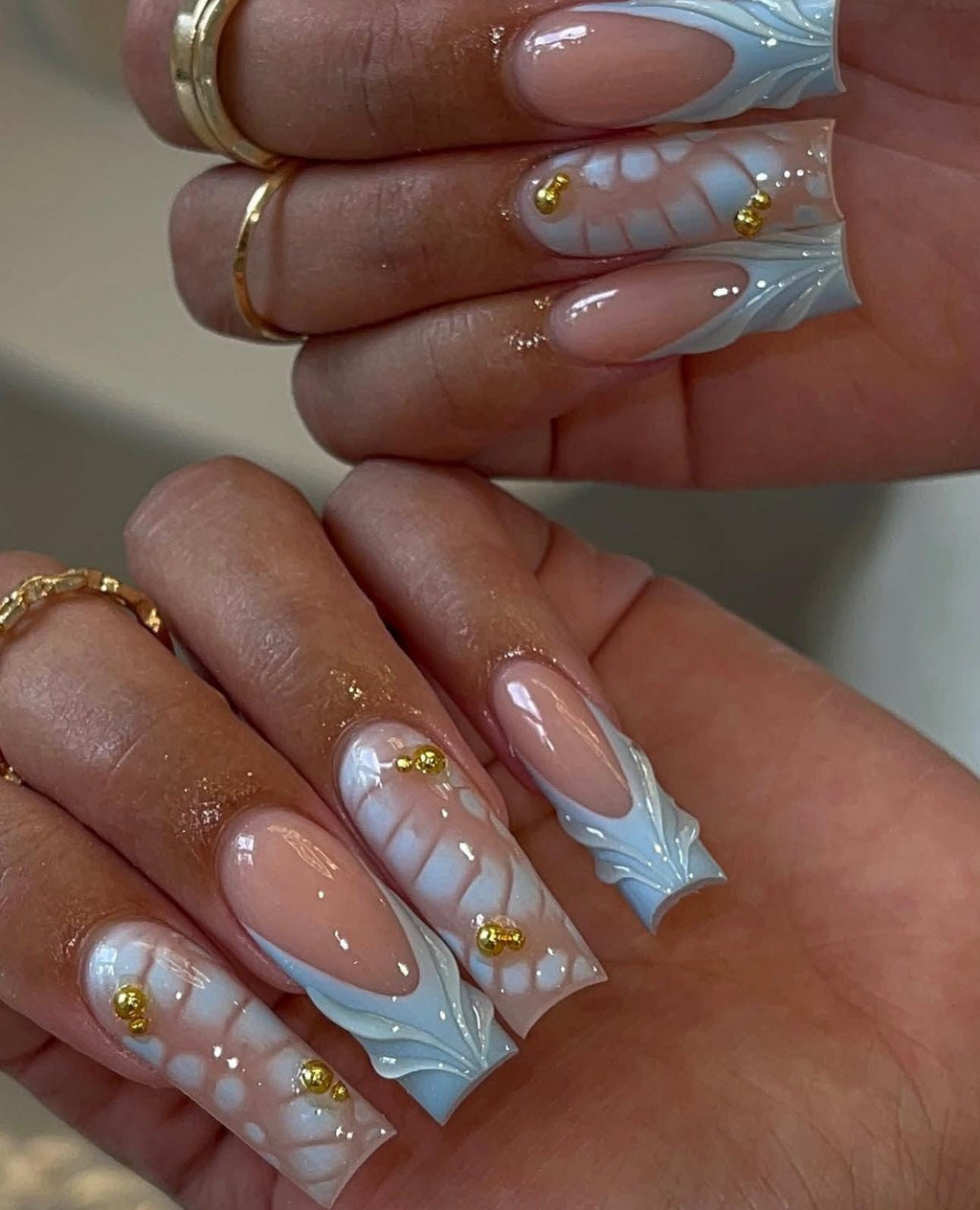 Baby Blue Blooming Press On Nails: 3D Gel Nail Art, Gold Beads, Handmade Blue French Nails, Long Square Nails