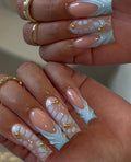 Baby Blue Blooming Press On Nails: 3D Gel Nail Art, Gold Beads, Handmade Blue French Nails, Long Square Nails
