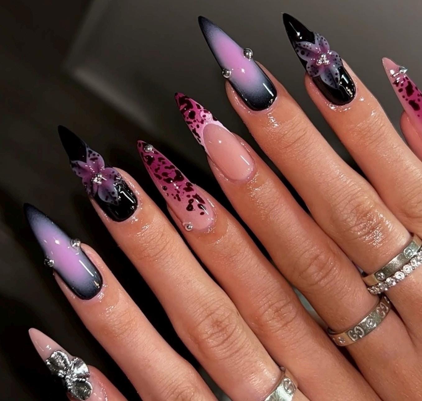 Black Halloween Nails with Purple Ombre & 3D Silver Flowers | Long Almond Fall Nails | Gothic Spooky Nail Art for Autumn