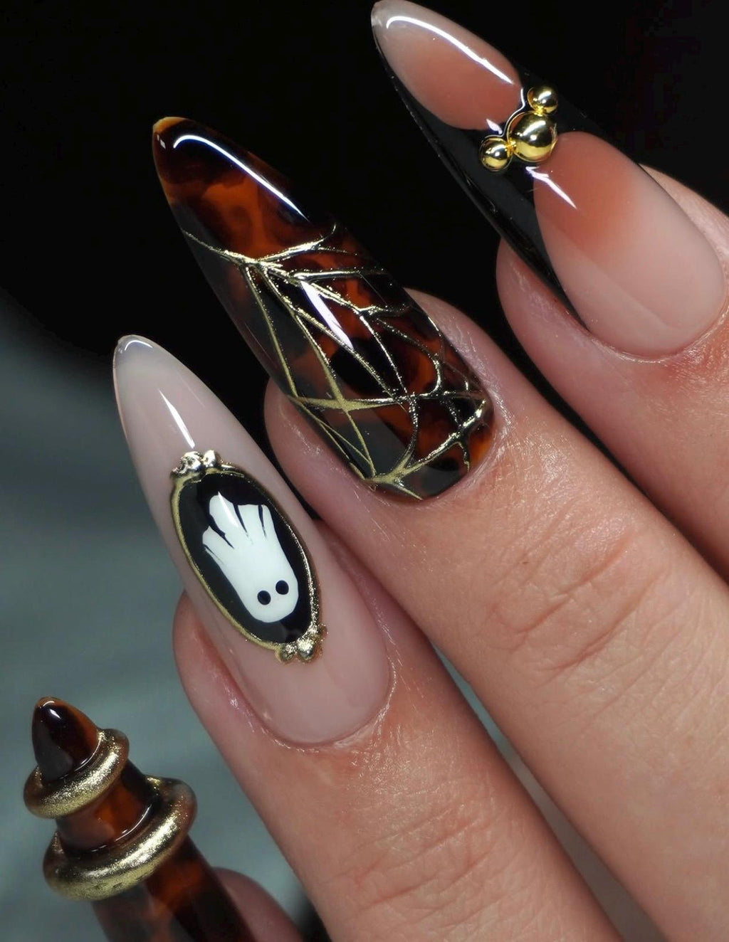 Brown Ombre Halloween Nails with Ghost & Gold Chrome | Long Almond Fall Press On Nails | Handmade Acrylic False Nails