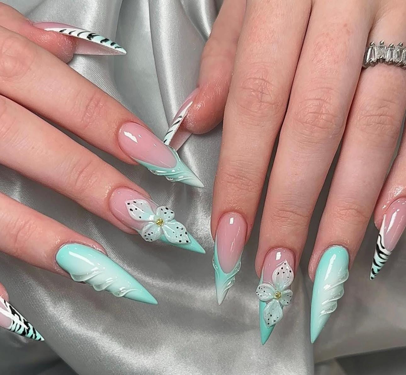3D Flower Press On Nails: Turquoise Pink Leopard Stiletto - Summer Vacation