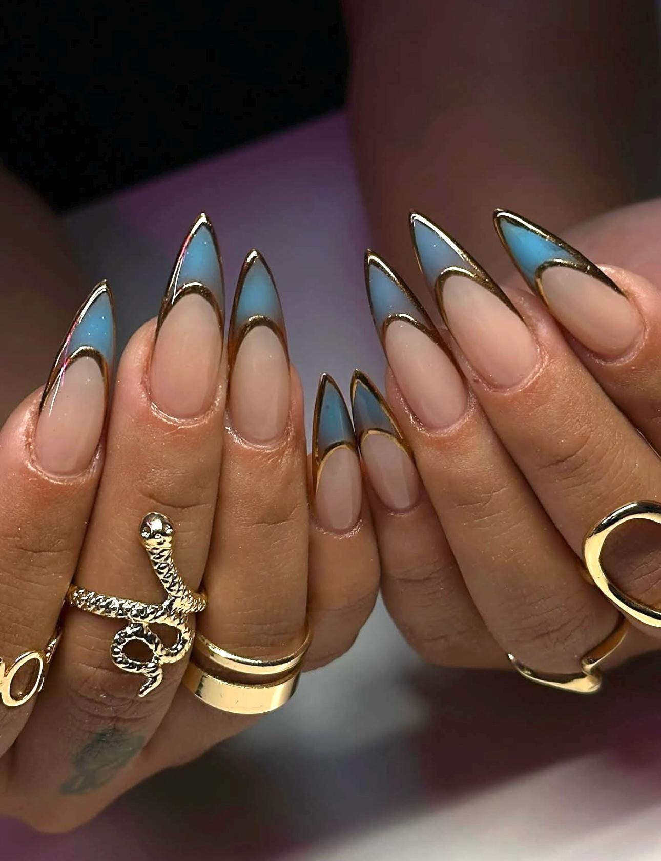 Handmade Pastel Blue Stiletto Press On Nails: Gold Chrome Edges, Long Stiletto Nail Set