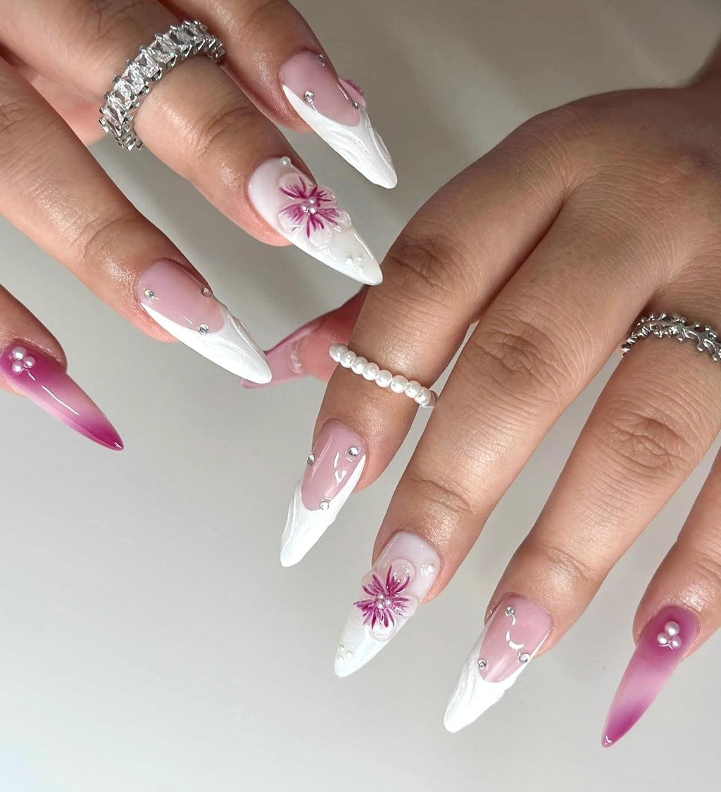 3D Floral Press On Nails: White French Almond, Handmade Nail Art