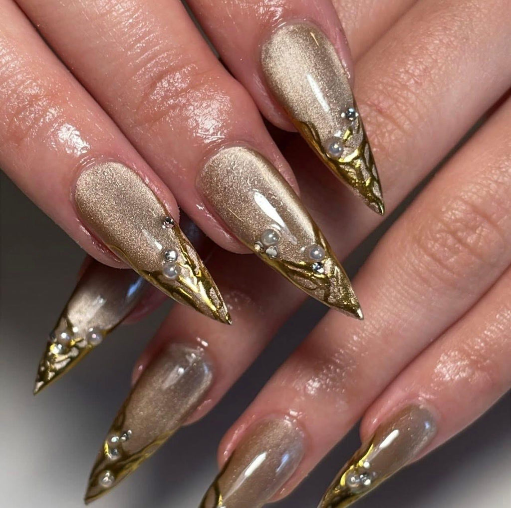 Luxury Neutral Brown & Nude Press On Nails, Gold Chrome Details, Almond Stiletto Shape, Handmade Reusable Gel Nails