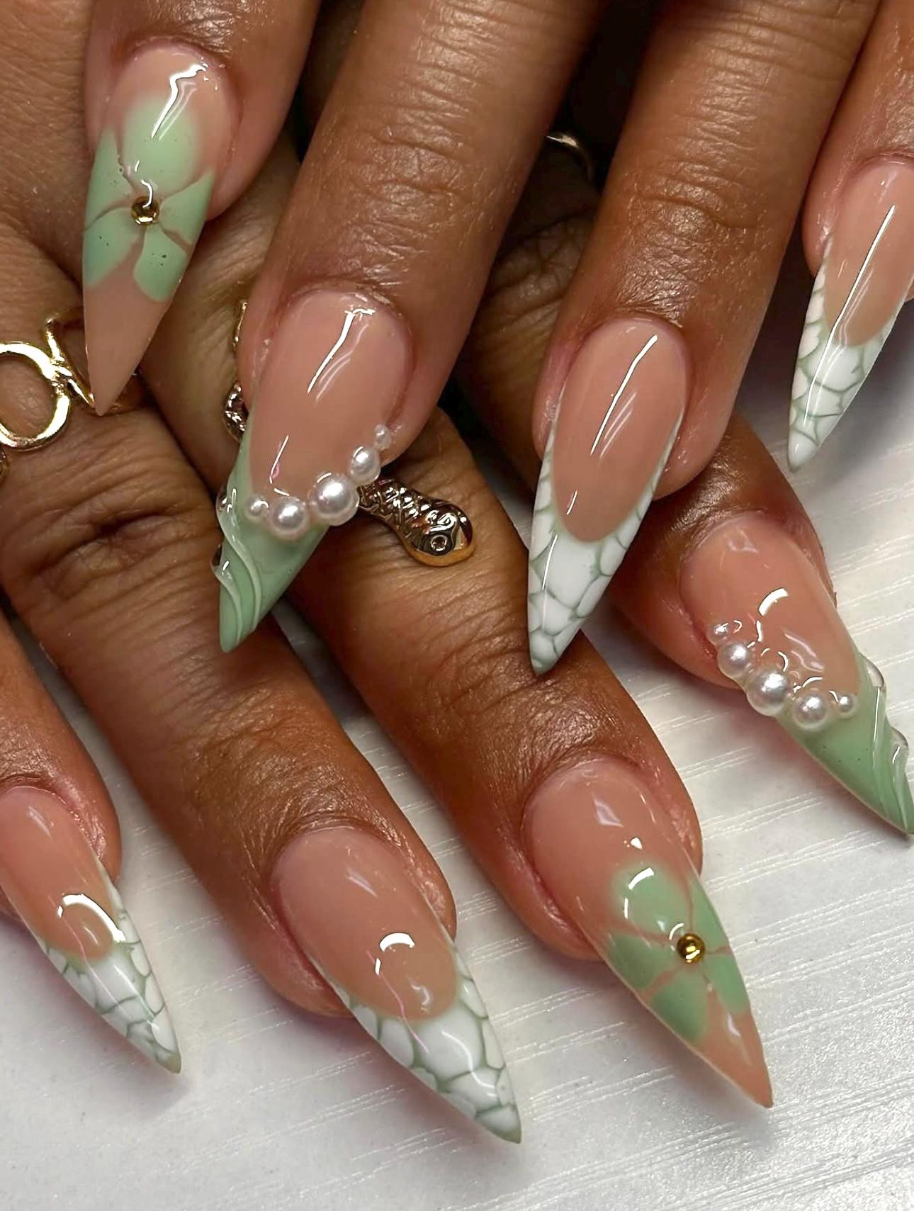 Elegant Pearl Stiletto Press On Nails: Handmade Marble Nail Art