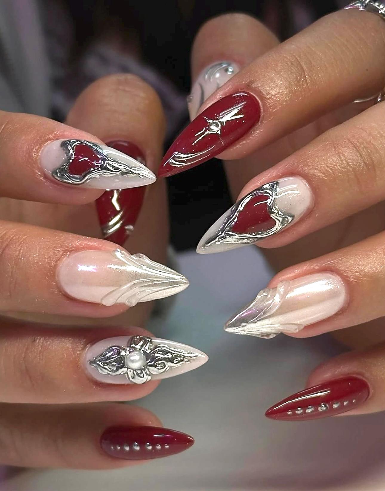 Gothic Y2K Press On Nails: Red Pearl, Silver 3D Heart Armor, Edgy Gel