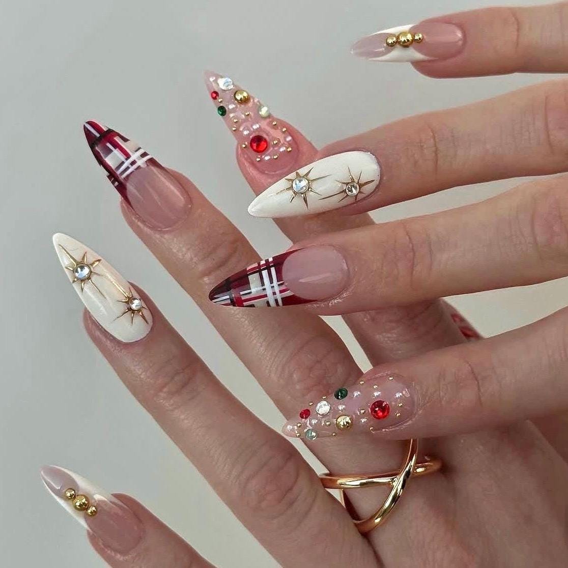 Christmas Press On Nails | Long Almond Red Plaid & White Star Design with Gold Rhinestones | Festive Holiday Nail Set | Elegant Winter Nails