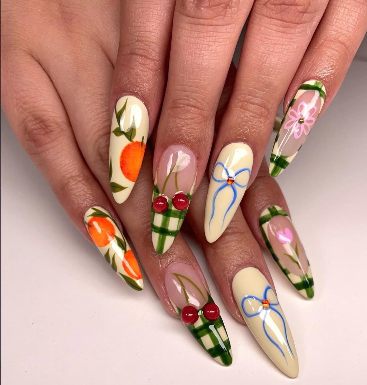 Cherry Floral Press On Nails: Handmade Fruit Nail Art with Ribbon