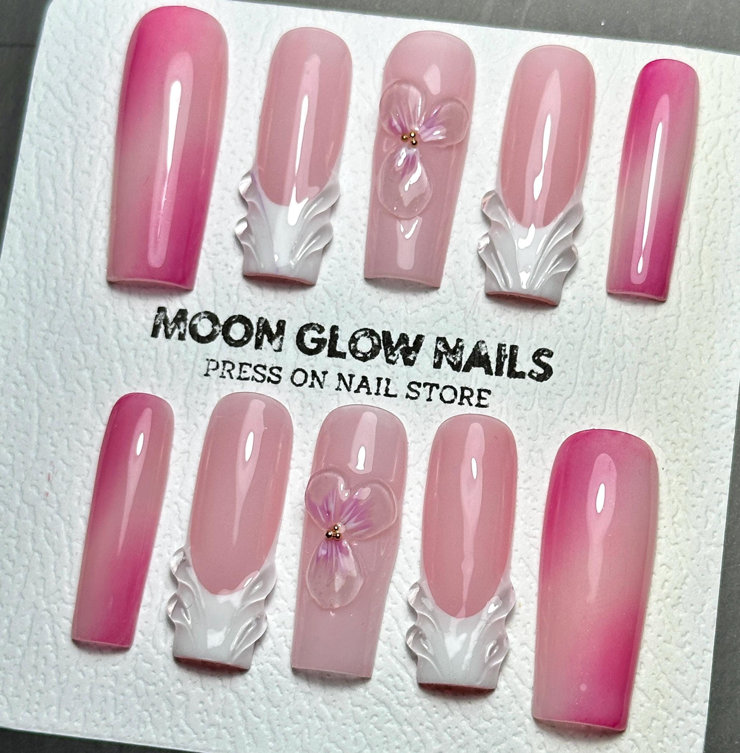 3D Flower Press On Nails: Square French Tip, Luxury Handmade Gel