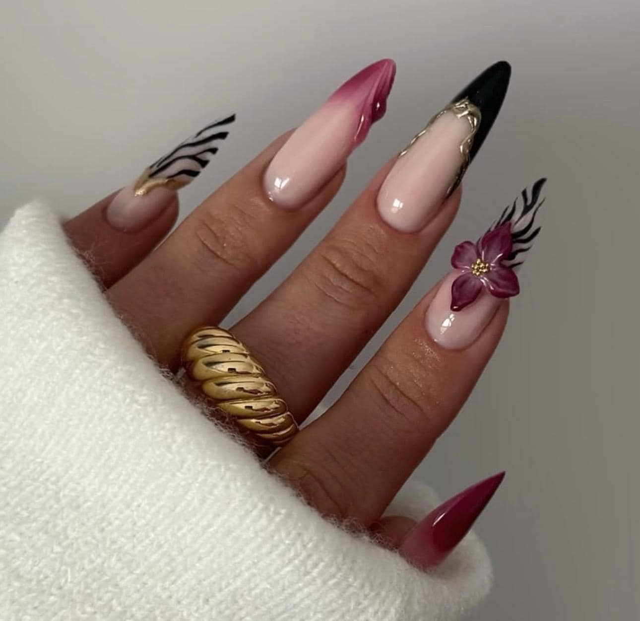 Burgundy Ombre Stiletto Press On Nails | Black French Zebra Accent | 3D Flower Luxury Set | Bold Glam Handmade, Long Almond Nails