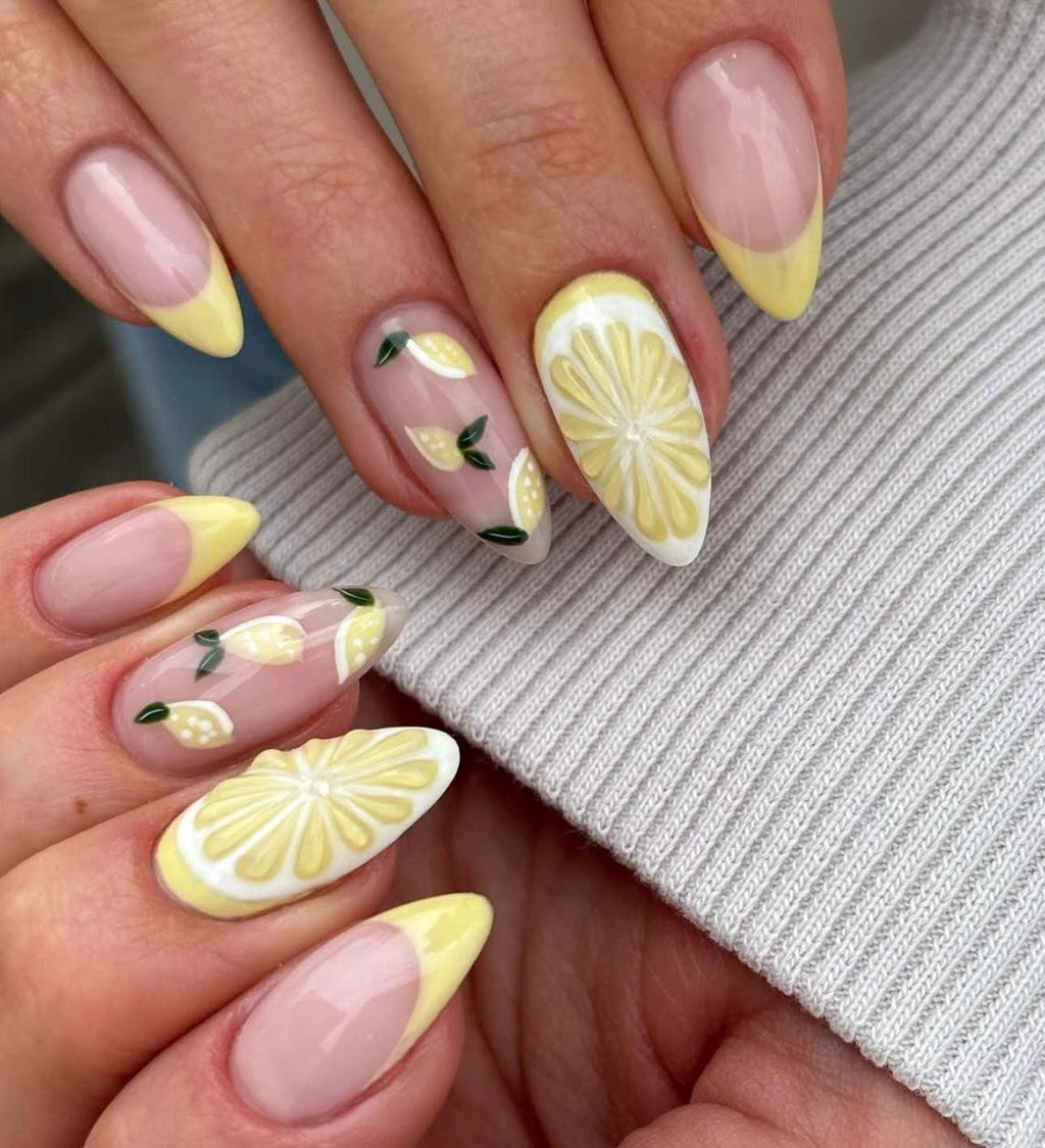 Lemon Yellow Press On Nails: 3D Flower, Summer Beach Style