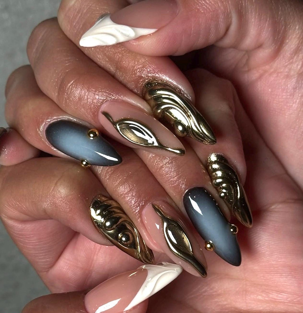 Black & Gold Chrome Nails with White Ombre | Medium Almond Fall Press On Nails | 3D Gel Luxury Handmade False Nails, Fake False Acrylic Nail