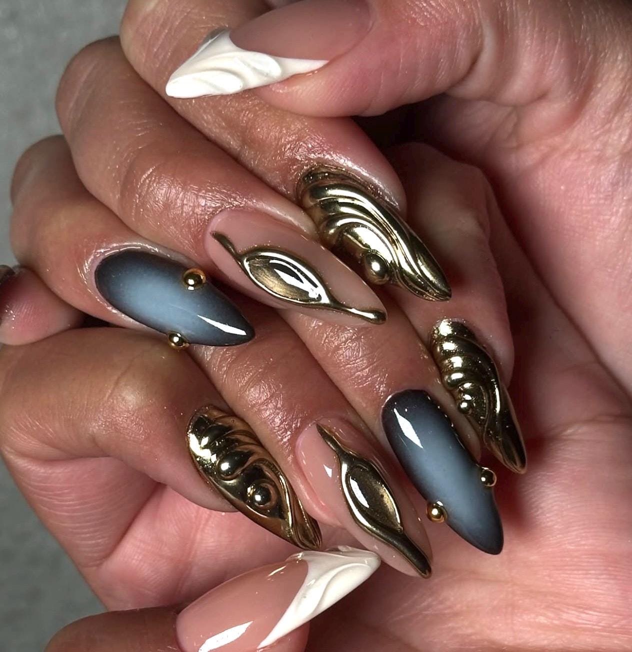 Black & Gold Chrome Nails with White Ombre | Medium Almond Fall Press On Nails | 3D Gel Luxury Handmade False Nails, Fake False Acrylic Nail