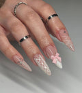 Pink Ribbon Stiletto Press On Nails: Chrome Star Y2K False Nails