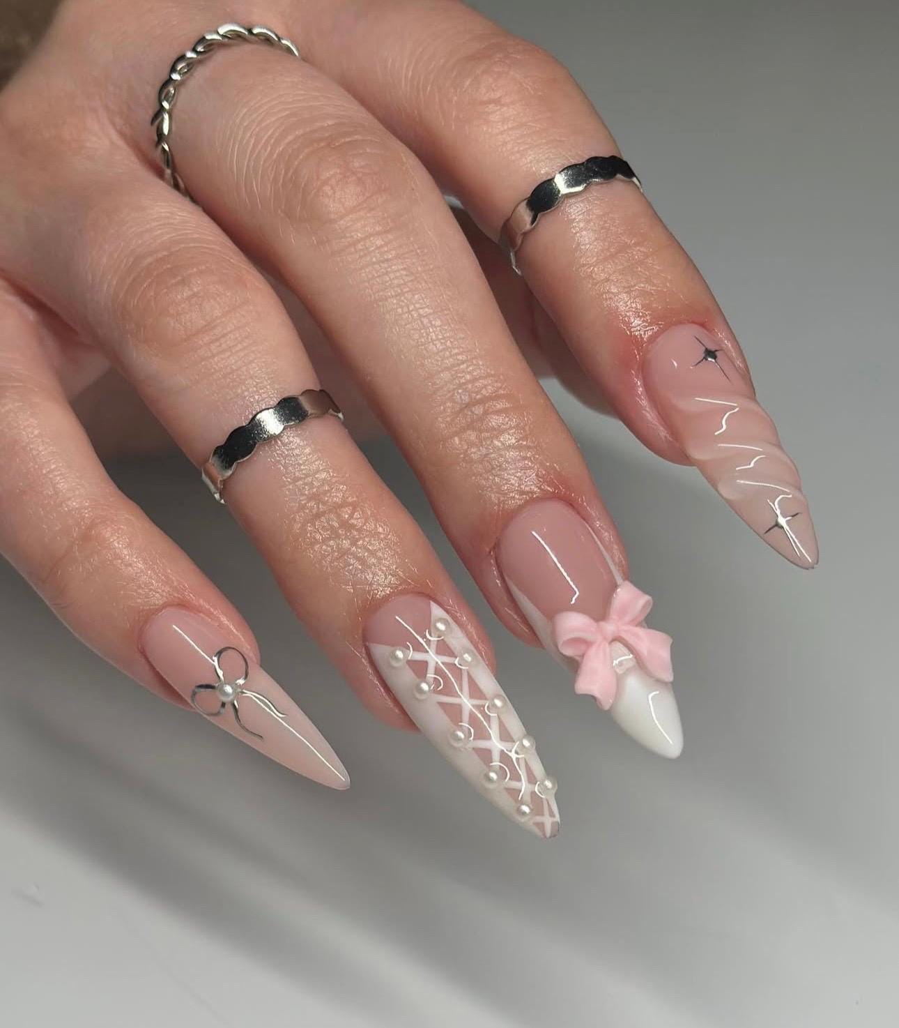Pink Ribbon Stiletto Press On Nails: Chrome Star Y2K False Nails