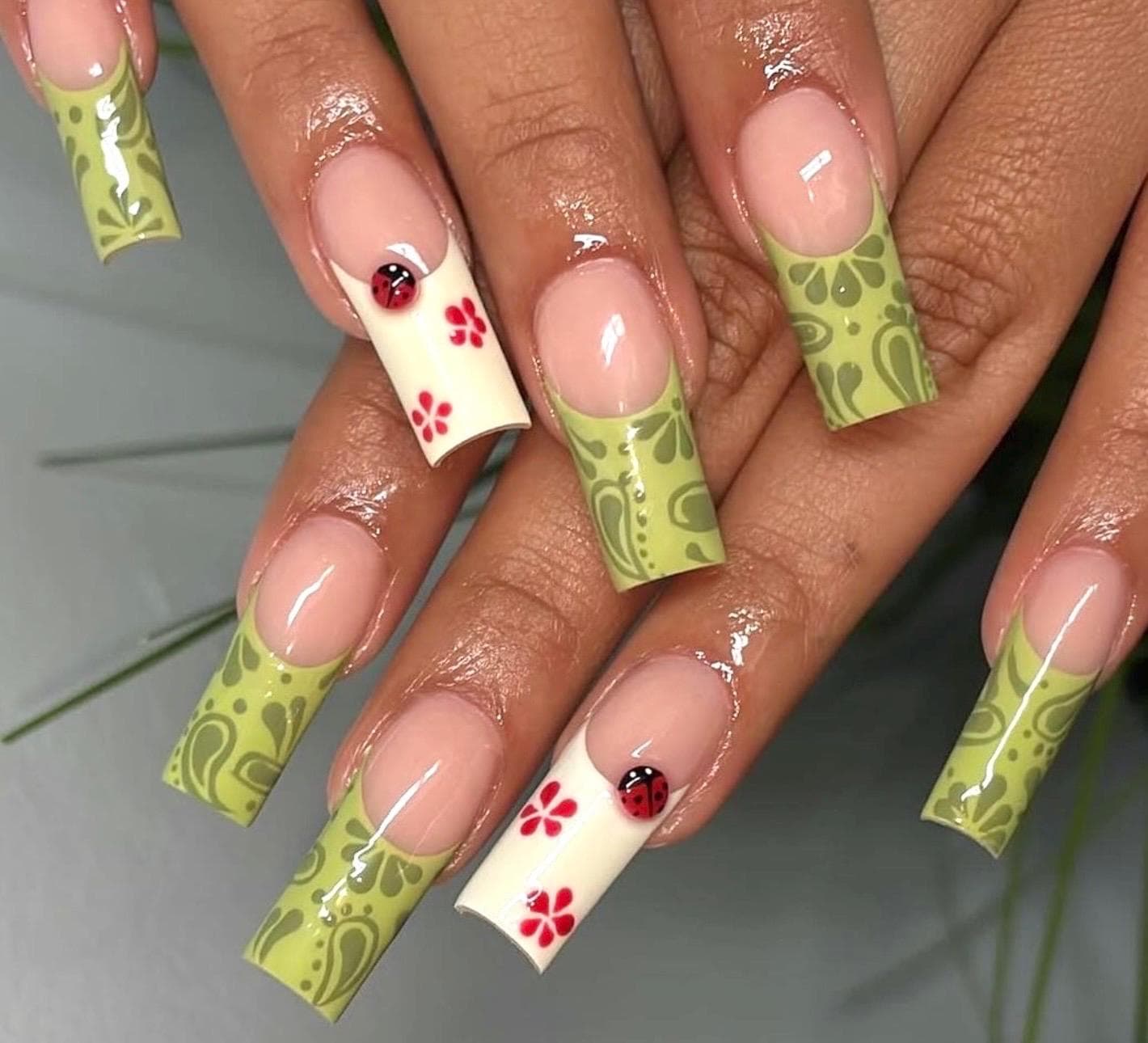Spring Press On Nails – Green French Tip Nails with Ladybug – Cute Floral Nails – Pastel Garden Nails – Long Square Handmade Nails