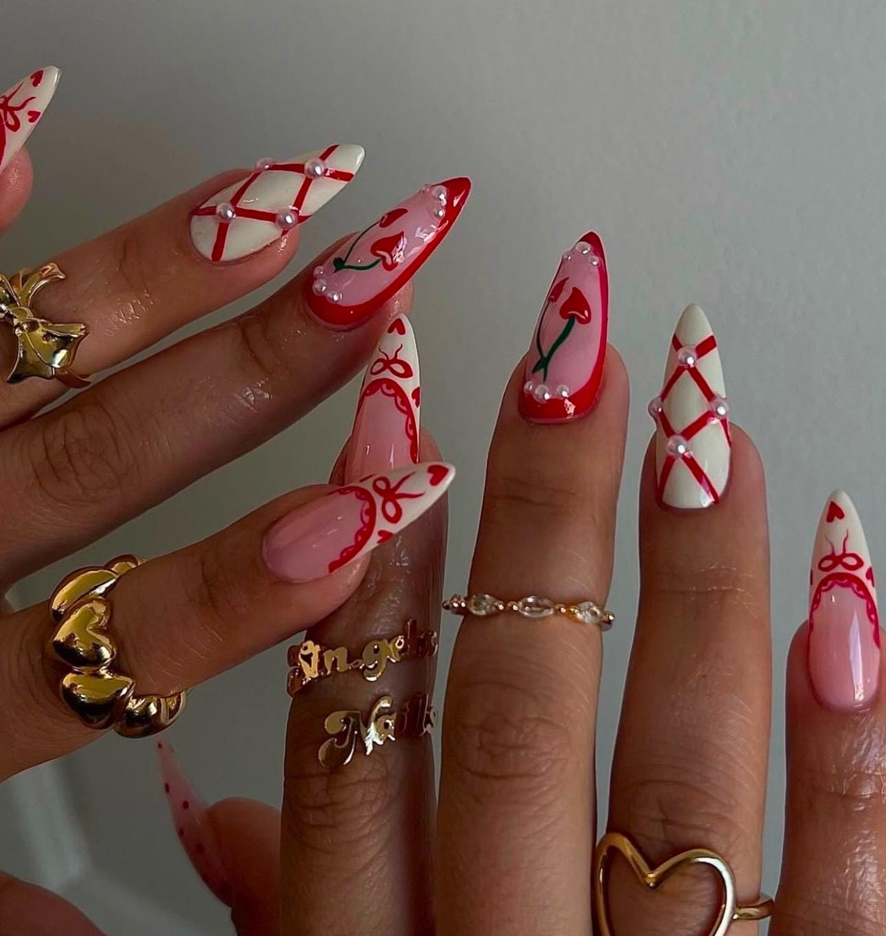Red French Tip Press On Nails: Almond, Ribbon & Pearl