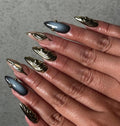 Black & Gold Chrome Nails with White Ombre | Medium Almond Fall Press On Nails | 3D Gel Luxury Handmade False Nails, Fake False Acrylic Nail