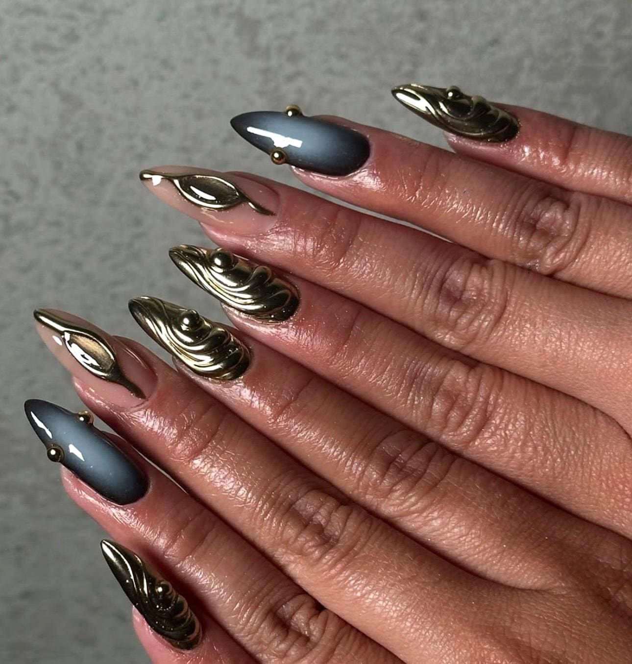 Black & Gold Chrome Nails with White Ombre | Medium Almond Fall Press On Nails | 3D Gel Luxury Handmade False Nails, Fake False Acrylic Nail