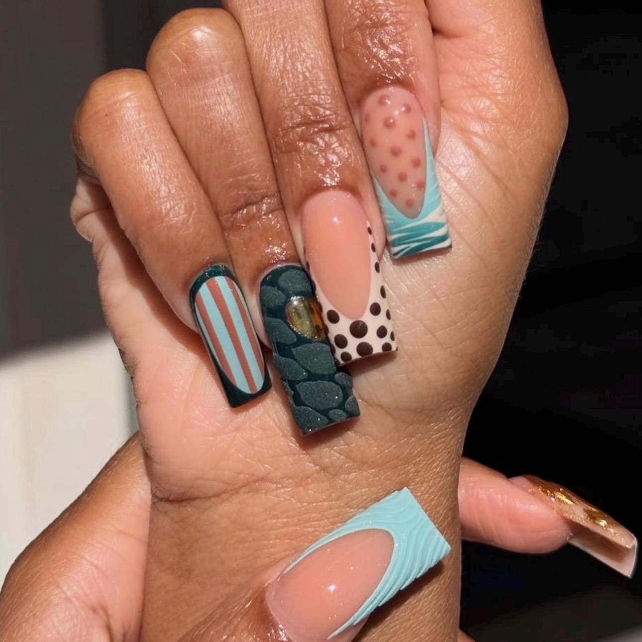 Modern Abstract Press On Nails | Mint Green & Nude Pattern Mix | 3D Texture Long Square Nail Set, Retro Artistic Handmade Nails, Acrylic Art