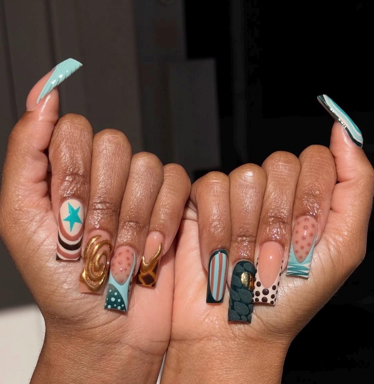 Modern Abstract Press On Nails | Mint Green & Nude Pattern Mix | 3D Texture Long Square Nail Set, Retro Artistic Handmade Nails, Acrylic Art