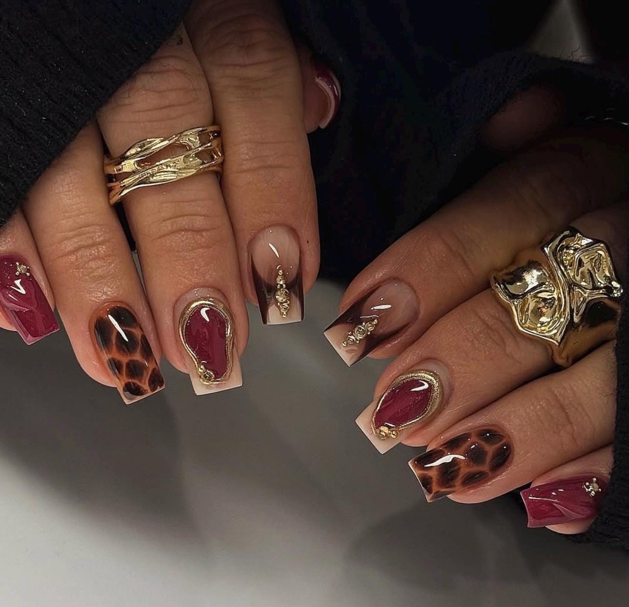 Burgundy Leopard Press On Nails | Gold Frame Luxury Nails | Fall Statement Square Nails | Handmade Glam Set