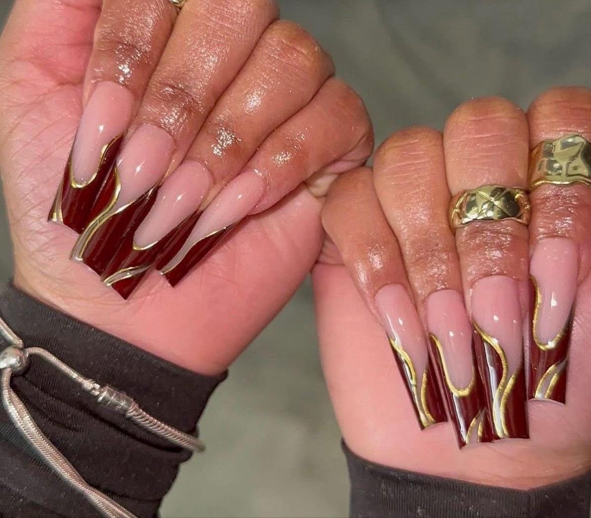 Burgundy Gold Swirl Press On Nails | Luxury Holiday Nails | New Year Long Square Nails | Elegant Red Chrome Nail Set | Handmade Xmas Nails