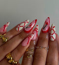 Red French Tip Press On Nails: Almond, Ribbon & Pearl